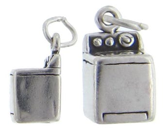 May include: Two silver charm pendants in the shape of a stove and a washing machine. The charms are detailed and realistic, with a silver finish.