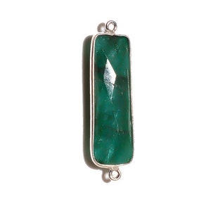 May include: A silver pendant with a rectangular emerald green gemstone. The pendant has two loops on the top for attaching a chain.