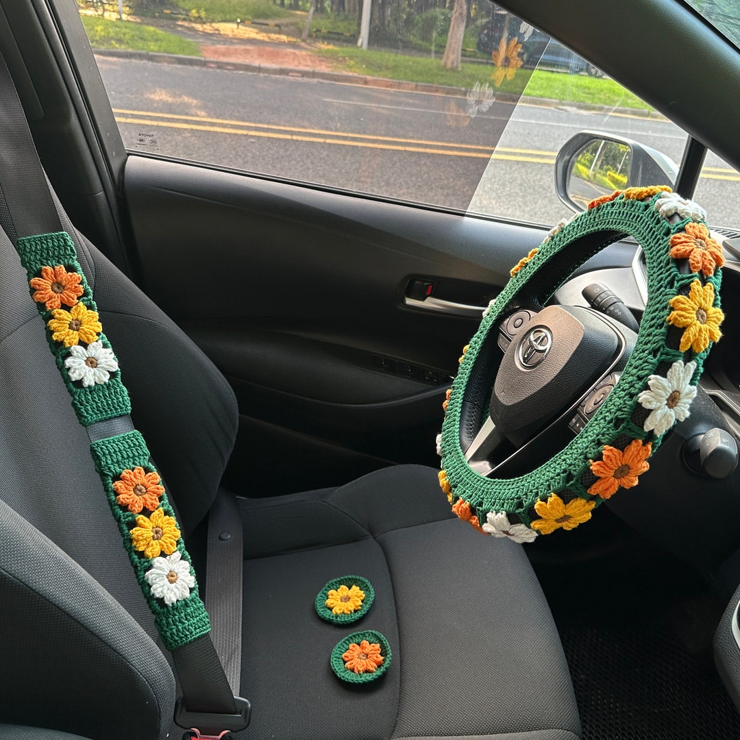 Daisy Steering Wheel Cover,crochet Steer Wheel Cover,car Seat Cover