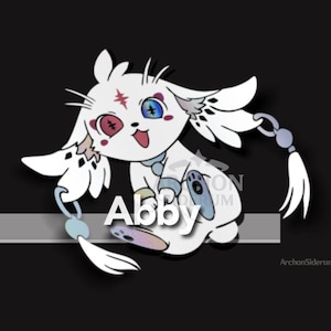 May include: A white cartoon character with red and blue eyes and a red cross on its forehead. The character is wearing a blue collar and has a white tail with a blue and white bead. The character is sitting on a white background and the text "Abby" is written below it.
