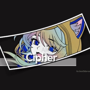 May include: A colorful anime-style illustration of a character with blue eyes and a yellow and blue hooded outfit. The text "Cipher" is written in bold, white letters below the character.