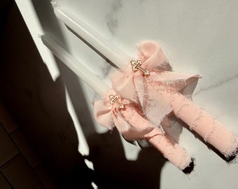 White Baptism Candle. Christening Candle for ceremony 10",Pink Ribbon candle, White Cross candle, Dripless Unscented candle.