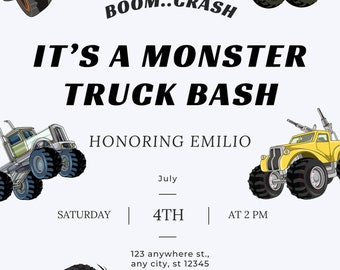 Monster Truck Bash, Monster Truck Invitation, Bday invite, Kids Party, Trucks Invite, Digital Template, Digital Upload, Instant Upload