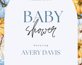 Herbst Blau Babyparty einladen, Junge Kürbis Thema, Babyparty einladen, Sofortiger Download