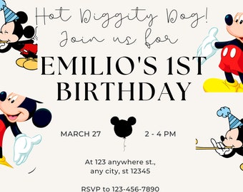 Mickey Mouse Birthday Invitation, Bday invite, Kids Party, Disney Invite, Digital Template, Digital Upload, Instant Upload