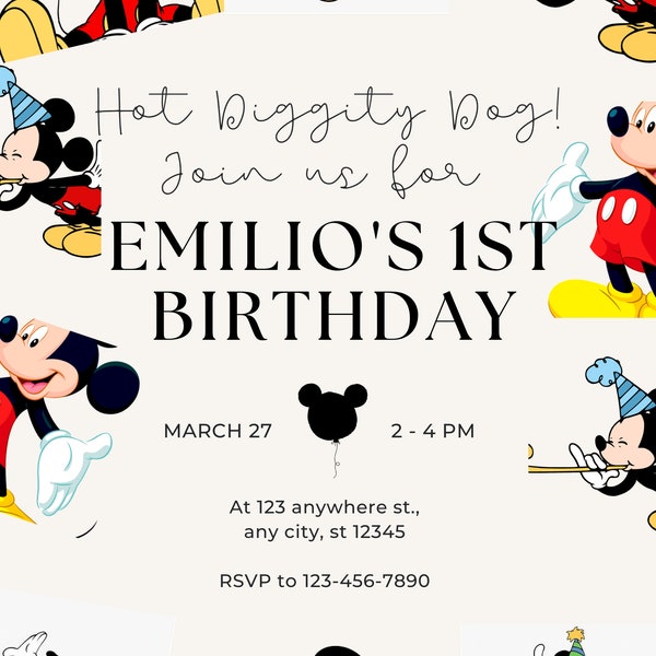 Mickey Mouse Birthday Invitation, Bday invite, Kids Party, Disney Invite, Digital Template, Digital Upload, Instant Upload
