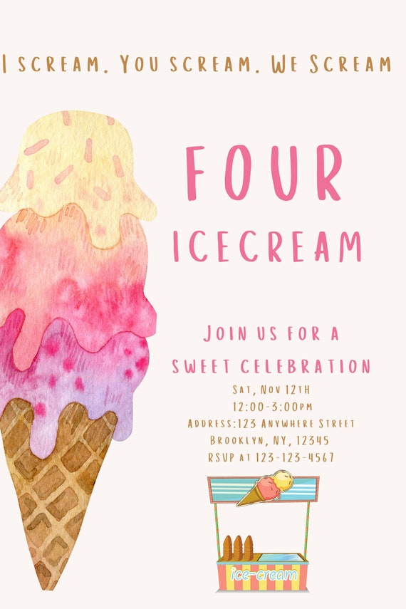 Icecream Birthday Theme Invitation, Birthday Template, Instant download, icecream bday