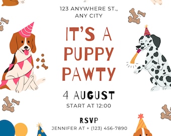 Welpen Einladung, Geburtstag einladen, Kinder Party, Puppy Pawty Invite, Digitale Vorlage, Digitaler Upload, Sofort-Upload, Pawty Birthday