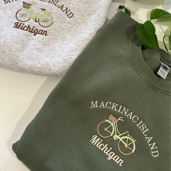 Mackinac Island Michigan Embroidered Sweatshirt | Trendy City Crewneck | Green and Ash Gray Crewneck | MI | Mackinac City | Minimalist