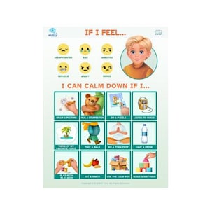 May include: A colorful educational poster with the text "If I Feel... I Can Calm Down If I..." featuring illustrations of emotions and calming activities. Includes images of a boy, drawing, hugging a toy, and more.