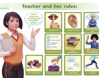 May include: An educational poster titled "Teacher and her rules" features illustrations and text. The poster includes a cartoon of a teacher and several rules such as "Keeping Silent" and "Don't Run". The text bubble says "Hello! I hope you are doing well! Read this, please."
