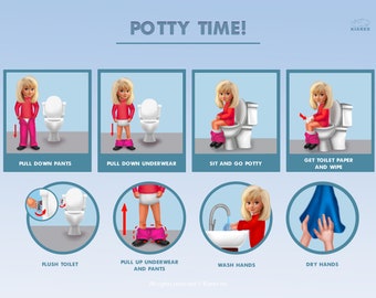 Non-Personalized Potty Training Poster, Cartoon Picture White Girls Bathroom Routine Poster, NonVerbal Communication Chart, Toddler Potty