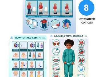 May include: Educational posters with instructions for children. One poster shows steps for potty training, another for taking a bath, and a third for brushing teeth. The text "8 ETHNICITIES OPTIONS" is also visible.