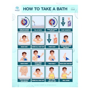 May include: Illustrated guide titled "HOW TO TAKE A BATH" with step-by-step instructions. The guide shows how to turn on water, fill the bath, wash hair, rinse, and dry off. The images feature a cartoon boy performing each step.