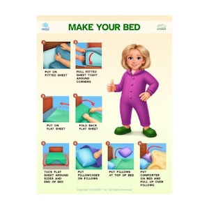 May include: An illustrated guide titled "MAKE YOUR BED" shows the steps to make a bed. A cartoon figure in a purple onesie gives a thumbs up. The steps include putting on a fitted sheet, pulling it tight, adding a flat sheet, folding it back, tucking it, adding pillowcases, pillows, and a comforter.