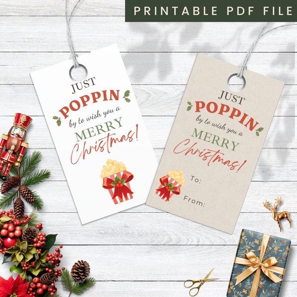 Just Poppin By to Wish You a Merry Christmas Gift Tag, Printable Christmas Favor Tag, Holiday Gourmet Popcorn Party Tag, Christmas Gift Idea
