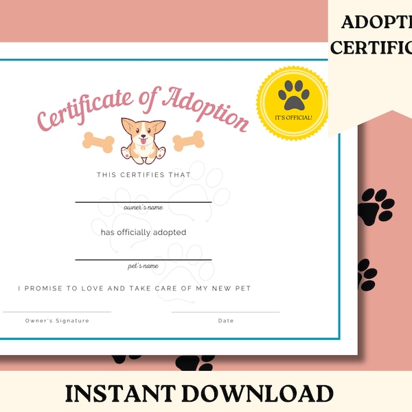 Pet Adoption Certificate for Stuffed Animals, Puppy Party, Lets Pawty Birthday, Plush Pet  Pretend Adoption Party, Printable Party Favors