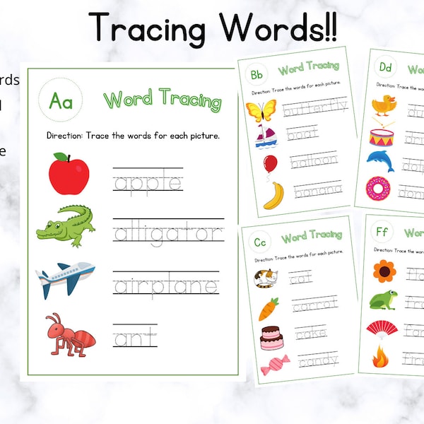 26 Printable Tracing Words Sheets | Colorful Illustrative A to Z Word Tracing Worksheetl | Kindergarten | Trace | Write Early Education |