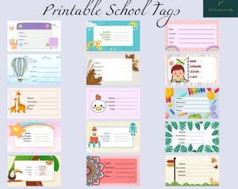 Printable School Tags | Back to School | Name, Surname, Lesson and Class | Print and place on Notebooks, School Bags, Cases