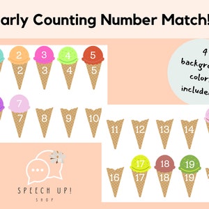 May include: A printable early counting number matching game featuring ice cream cones with numbers 1 through 20. The game includes four background colors. The text "Early Counting Number Match!" and "4 background colors included!" is included in the image.