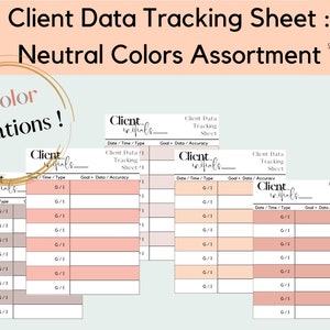 Könnte beinhalten: Fünf druckbare Client-Daten-Tracking-Blätter in neutralen Farben. Jedes Blatt hat den Titel "Client Initials" und Spalten für Datum, Uhrzeit, Typ, Ziel, Daten und Genauigkeit. Die Blätter sind in verschiedenen Schattierungen von Rosa, Pfirsich und Beige.