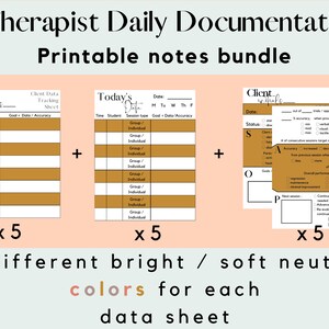Könnte beinhalten: Ein druckbarer Satz von fünf Formularen für die tägliche Dokumentation von Therapeuten. Die Formulare sind in Goldfarbe mit schwarzem Text und enthalten Abschnitte für die Initialen des Klienten, Datum, Uhrzeit, Typ, Ziel, Daten, Genauigkeit, Schüler, Sitzungstyp und mehr. Der Text "x 5" erscheint unter jedem Formular.