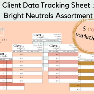 Könnte beinhalten: Ein druckbares Client-Daten-Tracking-Blatt mit dem Text "Client Initials" und "Client Data Tracking Sheet". Das Blatt ist in fünf Farbvarianten erhältlich, darunter Pfirsich, Rosa und Gold.