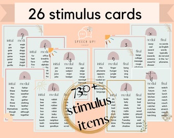 May include: A set of 26 colorful cards with the letters of the alphabet. Each card has a different color and features a word with the letter in the initial, medial, or final position. The cards are designed to help children learn the sounds of the alphabet.