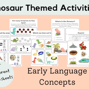 Può includere: Cinque fogli di lavoro colorati a tema dinosauri per i primi concetti linguistici. I fogli di lavoro includono attività come contare le impronte, trovare le lettere mancanti e abbinare le immagini alle descrizioni.