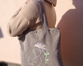 Gray light corduroy tote bag with lining and hand embroidery Bunny with flower