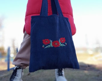 Large blue corduroy tote bag with poppies and hand embroidered lining