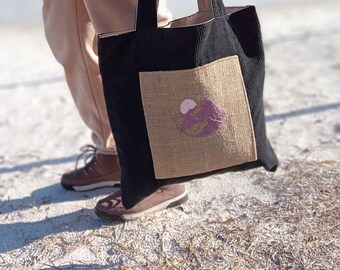 large brown and beige corduroy tote bag lined with hand-embroidered Mountains and Moon