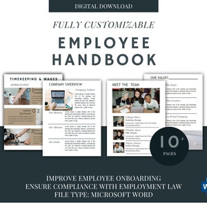 May include: A digital download employee handbook template with the text "FULLY CUSTOMIZABLE EMPLOYEE HANDBOOK." The handbook includes sections on timekeeping, company overview, and employee onboarding. The file type is Microsoft Word.