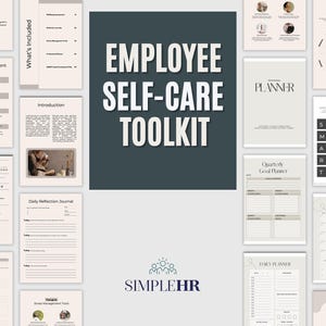 Puede incluir: Un collage de hojas de trabajo imprimibles para un kit de autocuidado para empleados. Las hojas de trabajo incluyen una evaluación del bienestar, una lista de verificación de autocuidado, un diario de gratitud, un diario de reflexión diario, un planificador de objetivos trimestral, un planificador mensual, un planificador diario y una rueda de la vida. El texto "EMPLOYEE SELF-CARE TOOLKIT" está en letras grandes, negritas y blancas sobre un fondo gris oscuro. El logotipo "SIMPLEHR" está en azul y blanco.