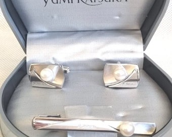Yumi Katsura Pearl Cufflinks and Tie clip Vintage in Orginial box