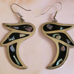 Vintage Mexican Silver Wing Earrings with Abalone Inlay  Statement Dangle Style