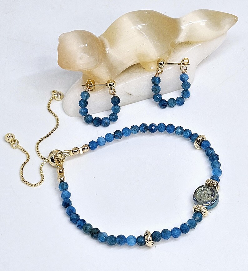 Blue Apatite Beaded Bracelet 18k Gold Plated Adjustable image 10