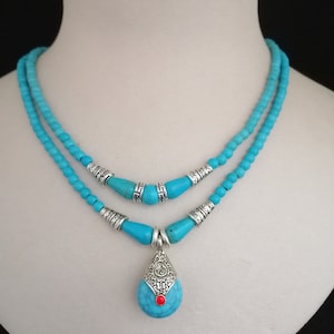 Turquoise beaded Necklace, Turquoise in Silver, Bohemian Necklace, Turquoise Jewelry, Two Strands Necklace, Gift for her