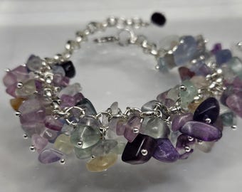 Rainbow Fluorite Chip Bracelet: Sterling Silver Boho Gemstone Jewelry