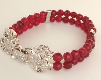 Red Chalcedony Gemstone Bracelet: Rhodium Plated, Faceted Beads, Watch Buckle Clasp