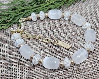 Selenite Beaded Bracelet: Natural Crystal, 18k Gold Filled Clasp