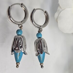 TURQUOISE Earrings, Drop Turquoise Earrings, Teardrops Silver Earrings, Turquoise Flower Earrings,  Gift for her