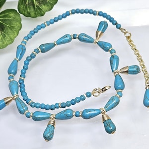 Turquoise Necklace, Turquoise Beaded Necklace, Turquoise and Gold  Necklace, Turquoise Jewelry, Turquoise Choker, Layering Necklace