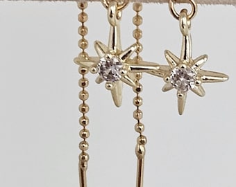 CZ Star Threader Earrings: 18k Gold or Sterling Silver Dangle