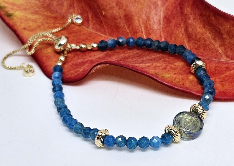 Blue Apatite Beaded Bracelet 18k Gold Plated Adjustable image 12