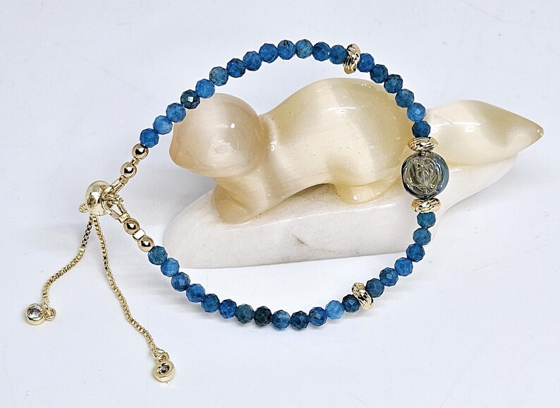 Blue Apatite Beaded Bracelet 18k Gold Plated Adjustable image 7