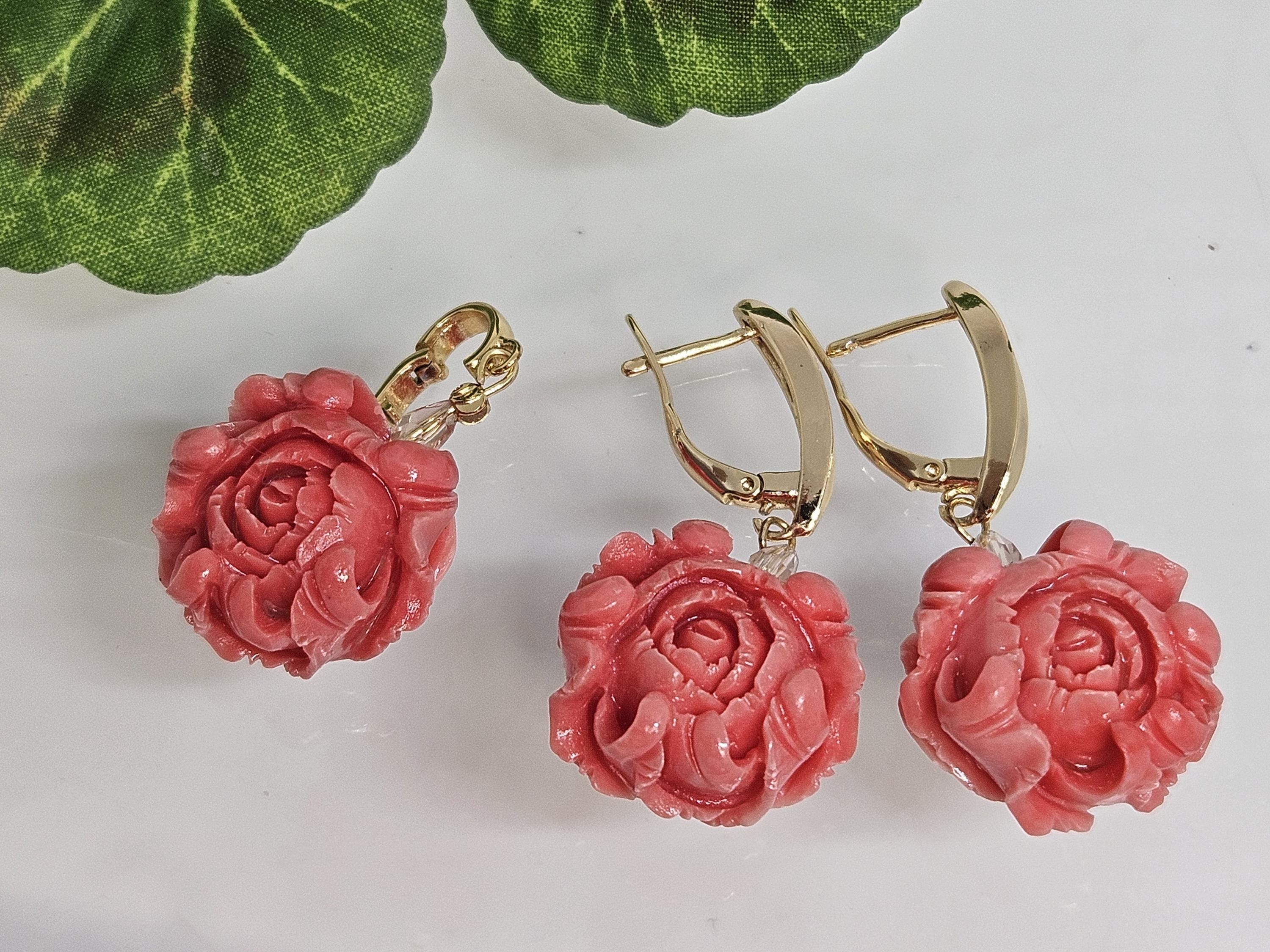 Boucles D'oreilles En Or 18 Carats Et Corail Rose - Puces Clous Vintage