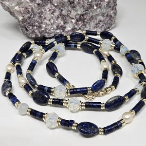 Gorgeous Lapis + Moonstone + Freshwater Pearls in 14k Gold plated handmade Necklace, Gemstone Necklace,  Long Necklace,  Gemstone Jewelry