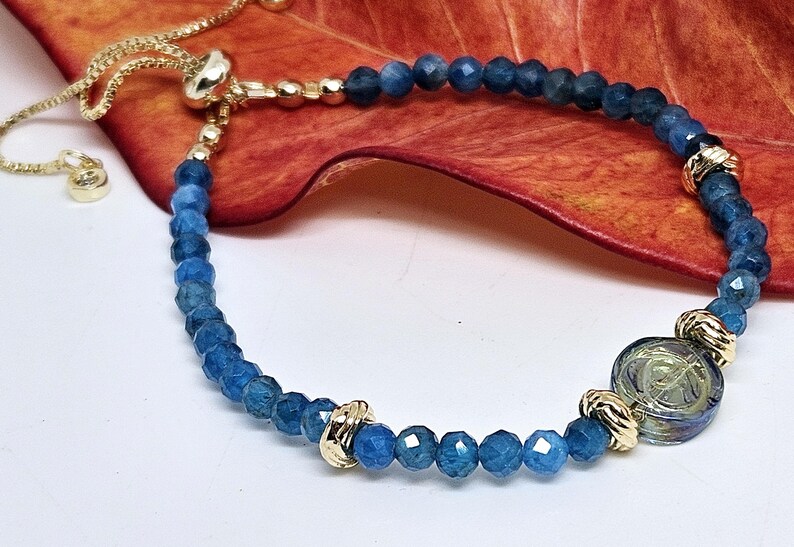 Blue Apatite Beaded Bracelet 18k Gold Plated Adjustable image 3