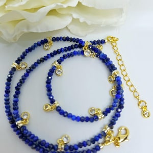 AAA Lapis Lazuli Necklace Dainty Lapis Lazuli Gold Crystal Charms Layering Necklace, Lapis Lazuli Choker Afghanistan Lapis Lazuli Necklace
